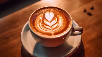 A white Cup filled with Coffee Latte Art. Blurred Background
