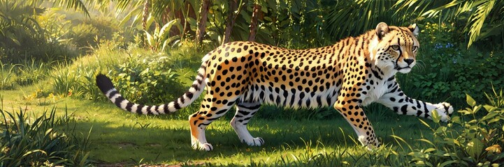 Spotted Jaguar Walking in Grassy Field