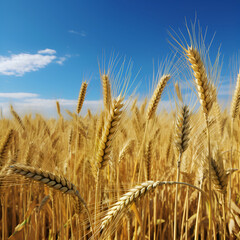 Fototapeta premium a field of wheat at sunset, with the sun shining on the horizon. Generative AI 