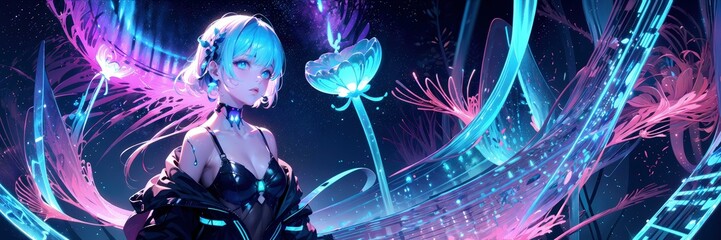 Futuristic Blue-Haired Woman in Space