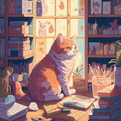 An illustration of a cat sitting in the coffee store. Created with generative AI
