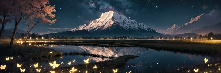 Mountain Reflections - Nighttime Scene with Stars