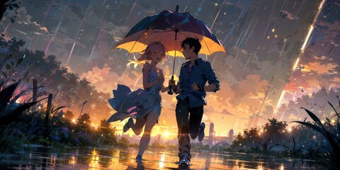 Romantic couple walking in the rain with an umbrella