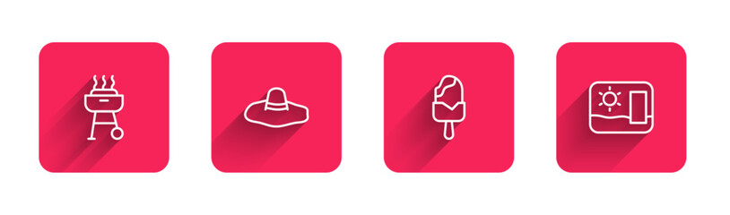 Set line Barbecue grill, Elegant women hat, Ice cream and Travel postcard with long shadow. Red square button. Vector