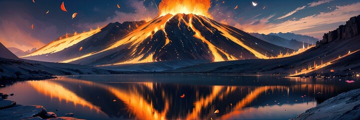 Mountain Eruption Reflected in Lake