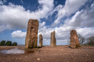 Four standing stones on the summit of the Clent Hills in Worcestershire England