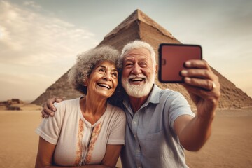 Selfie photo portrait of a happy satisfied mature couple on the background of Egyptian pyramids during a romantic vacation together made with Generative AI technology