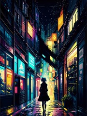 Obraz na płótnie Canvas Nighttime City Street with Lonely Woman