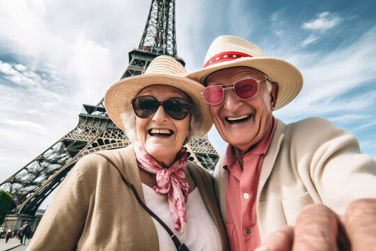 Selfie photo portrait of a happy satisfied old couple on the background of the eiffel tower during a romantic vacation together made with Generative AI technology