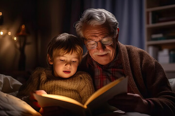 Grandfather reads a bedtime story to his little grandson made with Generative AI technology
