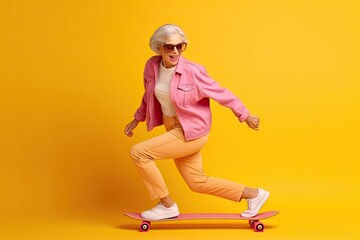 Carefree fashionable cool stylish extravagant mature young grandma on skateboard on color background made with Generative AI technology