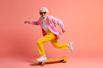 Fashionable cool stylish extravagant mature young grandma on skateboard on color background created with Generative AI technology