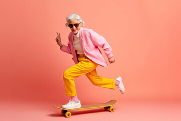 Cheerful fashionable cool stylish extravagant mature young grandma on skateboard on color background created with Generative AI technology