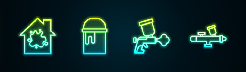 Set line Painting the house, bucket, spray gun and . Glowing neon icon. Vector
