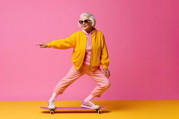 Cool stylish extravagant mature young grandma on skateboard on color background made with Generative AI technology
