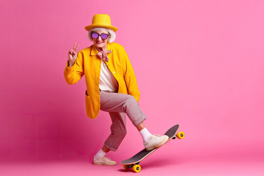 Photo of cheerful fashionable cool stylish extravagant mature young grandma on skateboard on color background created with Generative AI technology