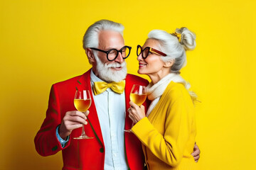 Portrait of a stylish fashionable cool adult hipster couple holding glass of wine on a yellow background created with Generative AI technology