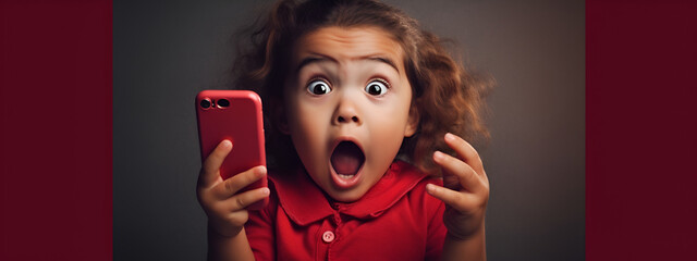 little one year old surprised girl holding a smartphone in her hands, solid color background, copy space banner concept of the problem of children and smartphones generative ai