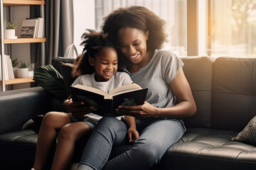 Obraz premium Black mother reads a book to her little daughter while sitting together on a sofa made with Generative AI technology