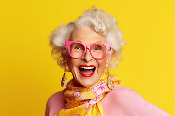 Portrait of a stylish fashionable cool extravagant adult grandma on a yellow background made with Generative AI technology - obrazy, fototapety, plakaty