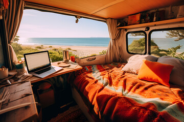 Interior of  camper van mobile home with table and ocean sea view. Laptop computer and connection everywhere concept. Smart working alternative office. Travel lifestyle and work offline generative ai - obrazy, fototapety, plakaty