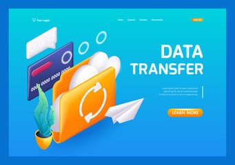 3D Isometric, cartoon. Digital file organization and data transfer application. Cloud storage icon.Trending Landing Page
