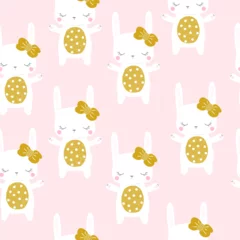 Tuinposter Seamless pattern with cute white bunny. Girlish print. Vector hand drawn illustration. © bilaaa