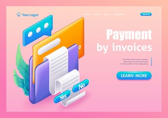 3D Isometric, cartoon. Payment by invoices. Receiving and storing invoices in a folder. Automatic bill payment. Trending Landing Page