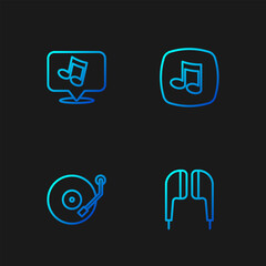 Fototapeta premium Set line Air headphones, Vinyl player, Music note, tone and . Gradient color icons. Vector