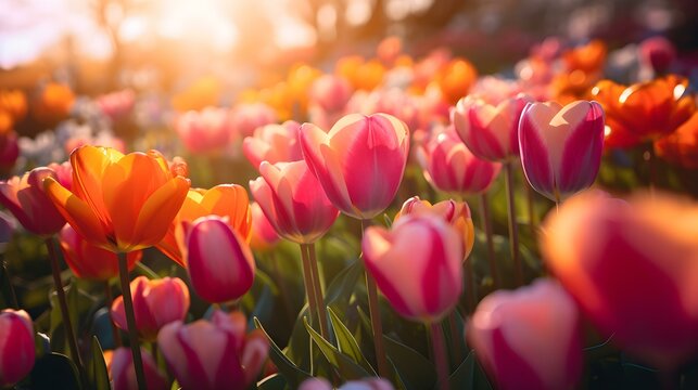Close Up of a Field of colorful Tulips
