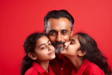 Indian mid father and child hugging and kissing on a red background, generative ai