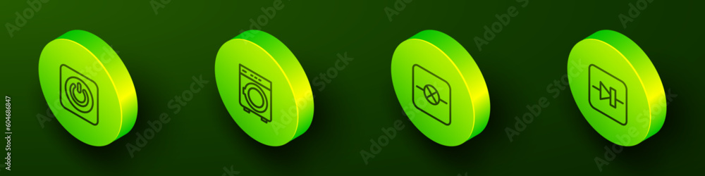 Poster set isometric line power button, washer, lamp in electronic circuit and diode icon. vector