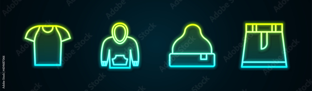 Sticker set line t-shirt, hoodie, beanie hat and skirt. glowing neon icon. vector