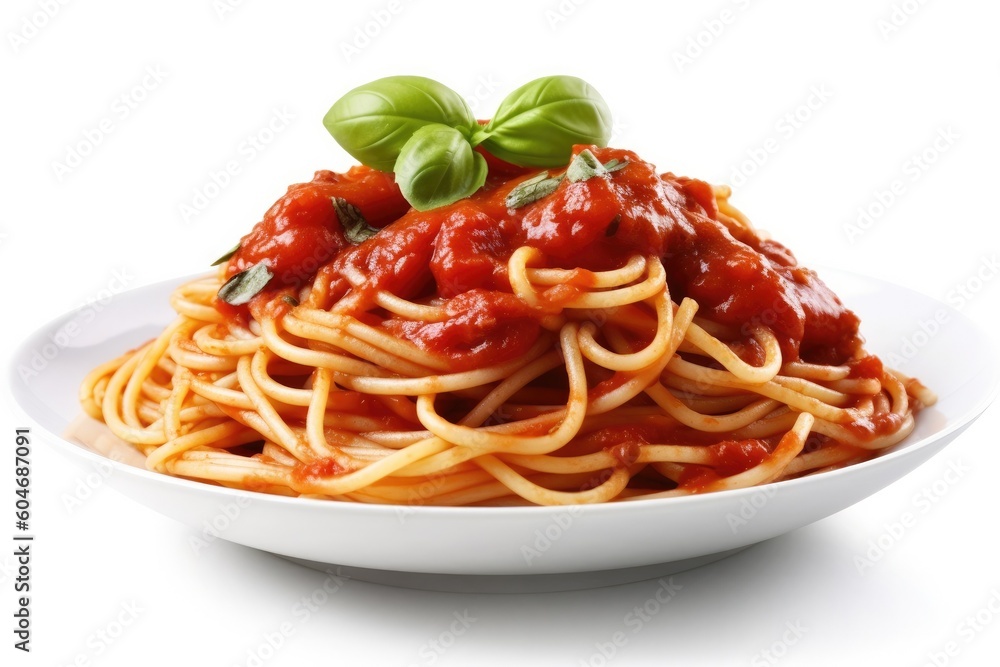 Wall mural delicious plate of spaghetti with tomato sauce on a white background generative ai