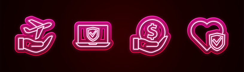 Set line Plane in hand, Insurance online, Money with shield and Life insurance. Glowing neon icon. Vector