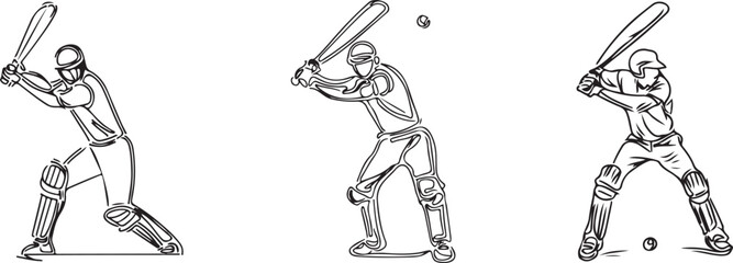 International sports cricket players line art vectors