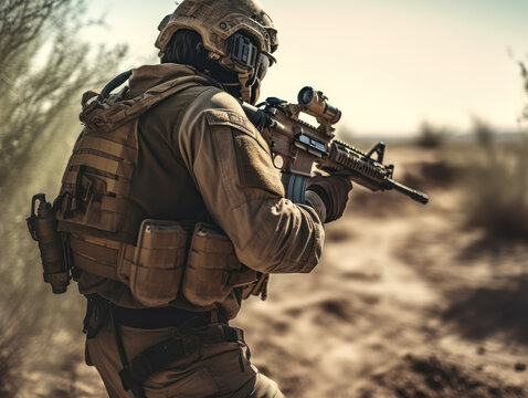 United States Army Special forces soldier in uniform and helmet with assault rifle Created with Generative AI technology