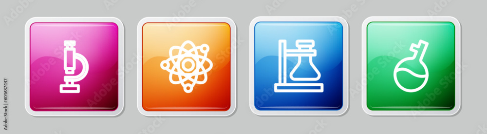 Poster set line microscope, atom, test tube flask on stand and . colorful square button. vector