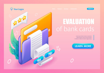 3D Isometric, cartoon. Evaluation of bank card users. Cash back assessment, commissions, bill payment, money transfer. Trending Landing Page