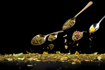 tea strands o ver a black background on spoons