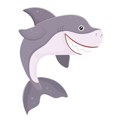 White shark with smile. Big comic predator. Aquatic creature icon isolated on white background. Sea animal in cartoon style. Funny tropic underwater wild life, exotic aquarium. Vector illustration