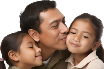 Hispanic mid father and child hugging and kissing on a white background, generative ai
