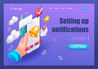 3D Isometric, cartoon. Mobile app. Phone with Notifications. Reminder design mockup. Online advertising concept. Trending Landing Page