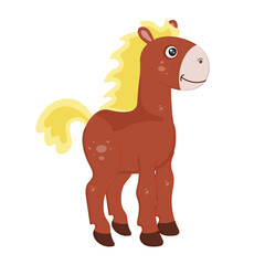 Farm animal brown horse toy smiling. Collection funny animals. Cute domestic kind animal in cartoon style horse with yellow mane. Vector illustration