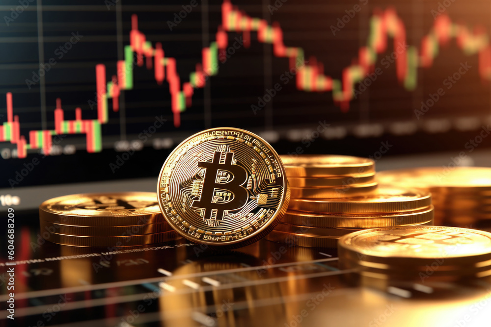 Poster virtual cryptocurrency concept. bitcoin against stock market chart background. blockchain technology