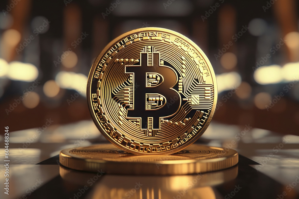 Poster virtual cryptocurrency concept. golden bitcoin against blurred technology background. created with g