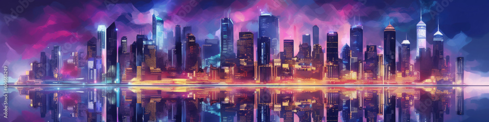 Poster skyline with neon colored city at night. cityscape with reflection in river. futuristic cyberpank ba