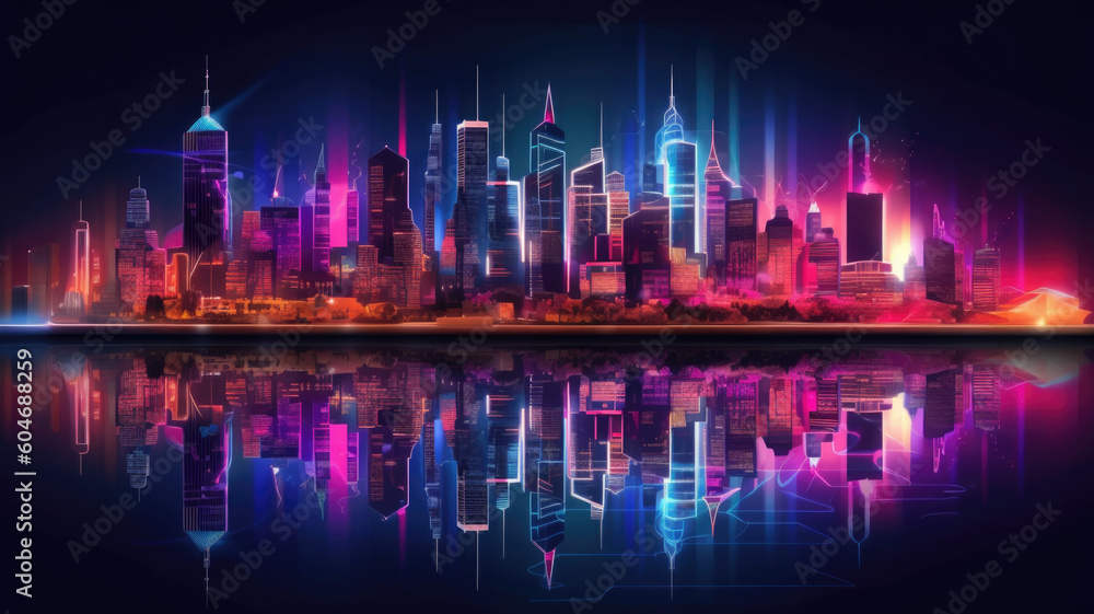 Poster skyline with neon colored city at night. cityscape with reflection in river. futuristic cyberpank ba