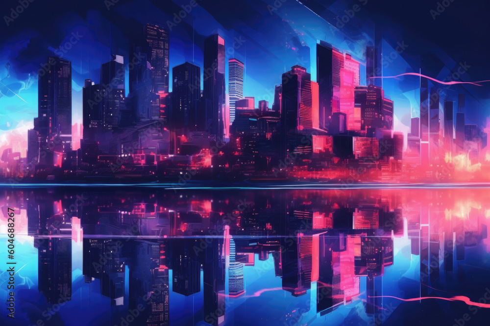 Poster skyline with neon colored city at night. cityscape with reflection in river. futuristic cyberpank ba