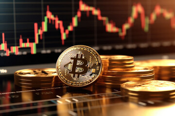 Virtual cryptocurrency concept. Bitcoin against stock market chart background. Blockchain technology. Crypto investment. Created with Generative ai